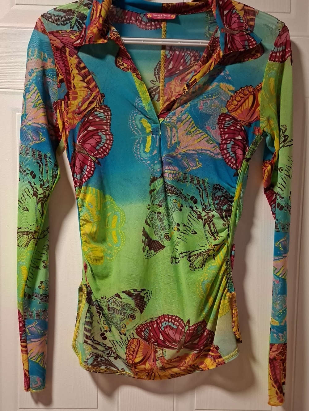 Colorful Butterfly Print Long-Sleeve Women's Top - Teal & Lime